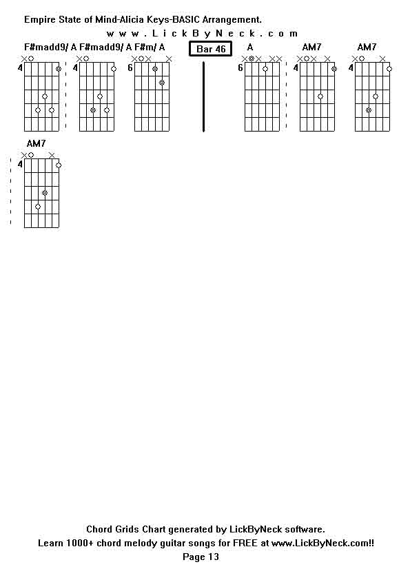 Chord Grids Chart of chord melody fingerstyle guitar song-Empire State of Mind-Alicia Keys-BASIC Arrangement,generated by LickByNeck software.